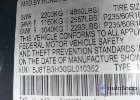 2016 Acura Rdx Acurawatch Plus Pkg from USA, damaged, VIN 5J8TB3H30GL010352